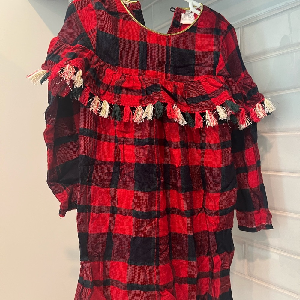 Mud Pie Red and Black Buffalo Plaid Dress with Tassel Trim